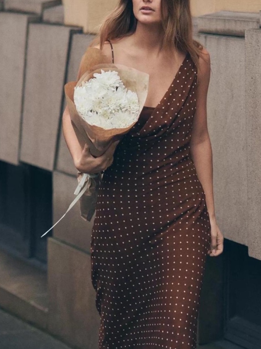 ZARA Brown Draped Neck Polka Dot Maxi Dress - Picture 9 of 17